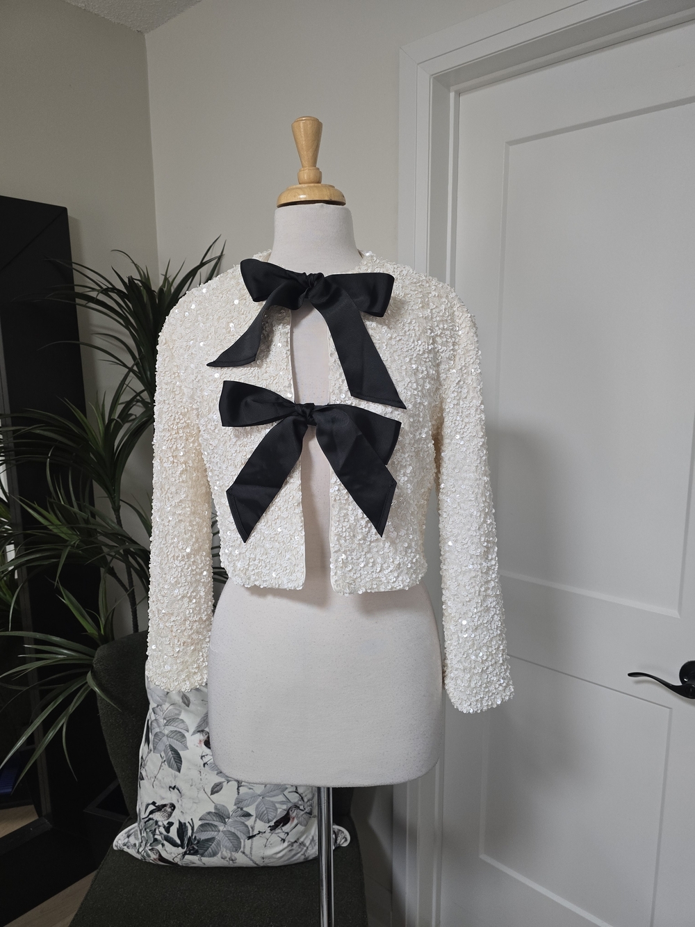 H&M Ivory Sequin Cropped Jacket with Black Satin Bows